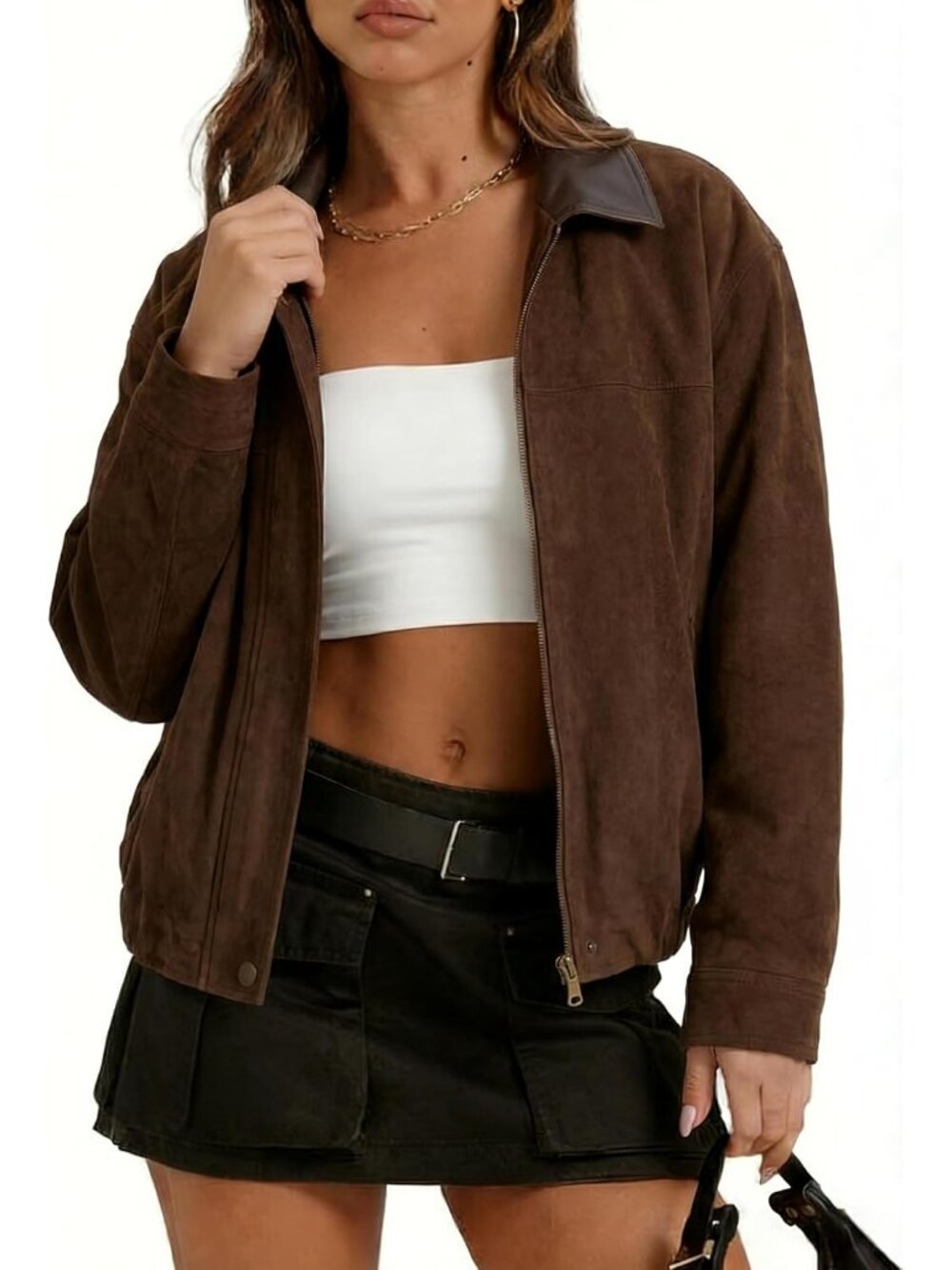 Women's Coffee Oversized ZIP Up Faux Suede Leather Moto Biker Pilot Jacket